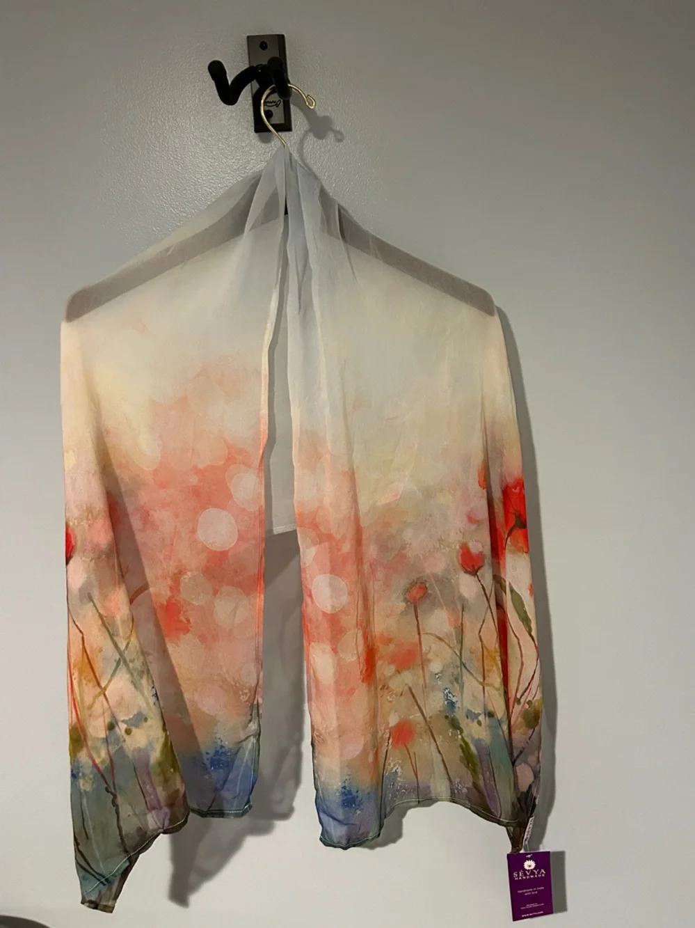 Sheer Floral Watercolor Wrap Scarf - White, Coral & Blue